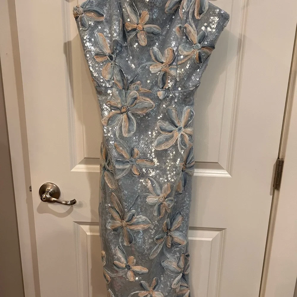 Milly Blue and Beige Floral Sequin Midi Dress - Picture 1 of 5